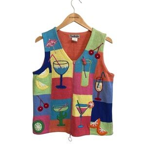 Vintage Colorful Patch Work Beaded Cocktail Full Zip Knit Vest Size Medium